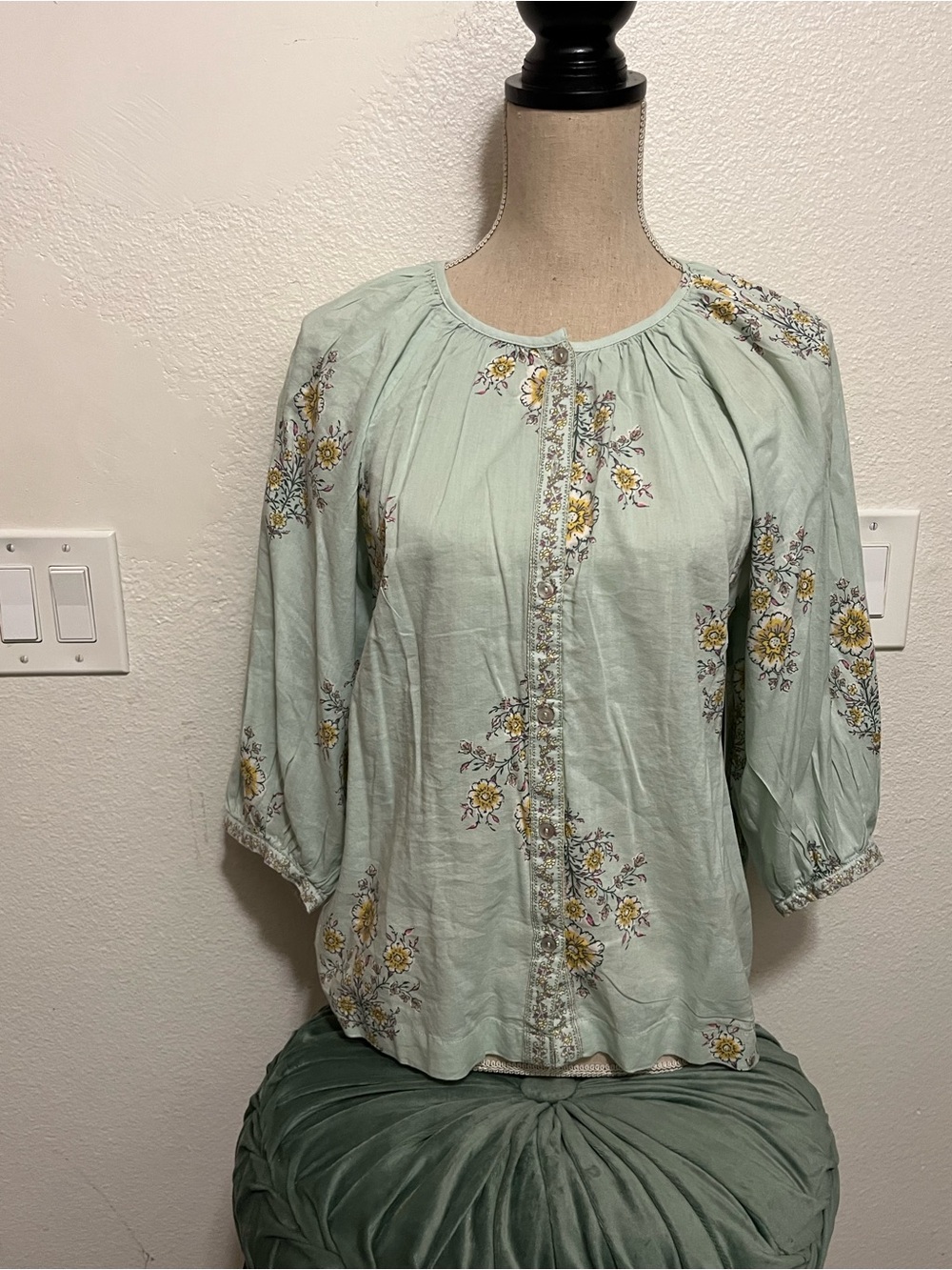 LC Lauren Conrad Light Sage Floral Button-Front Blouse